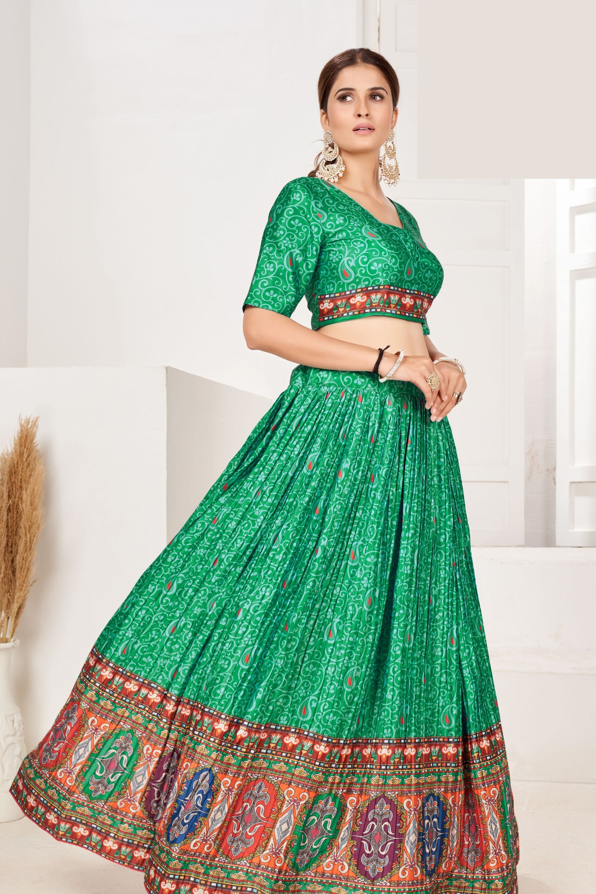 Green Pakistani Crepe Printed Lehenga Choli For Indian Festivals & Weddings - Print Work,
