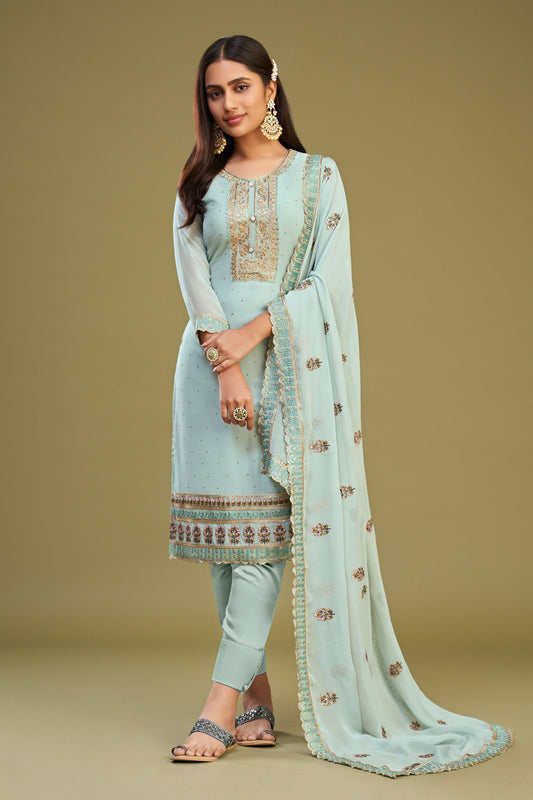 Sky Blue Georgette Plus Size Upto 7XL Size Salwar Kameez For Indian Festivals & Pakistani Weddings - Thread Embroidery Work, Swarovski Work