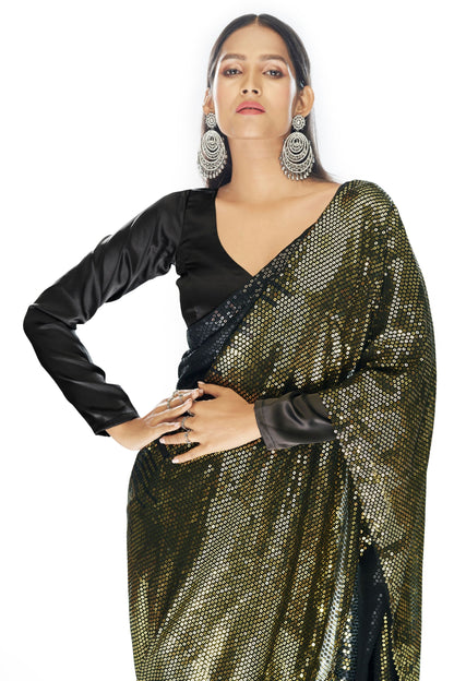 Black Indian Georgette Saree For Indian Festivals & Weddings - Sequence Embroidery Work, Thread Embroidery Work,