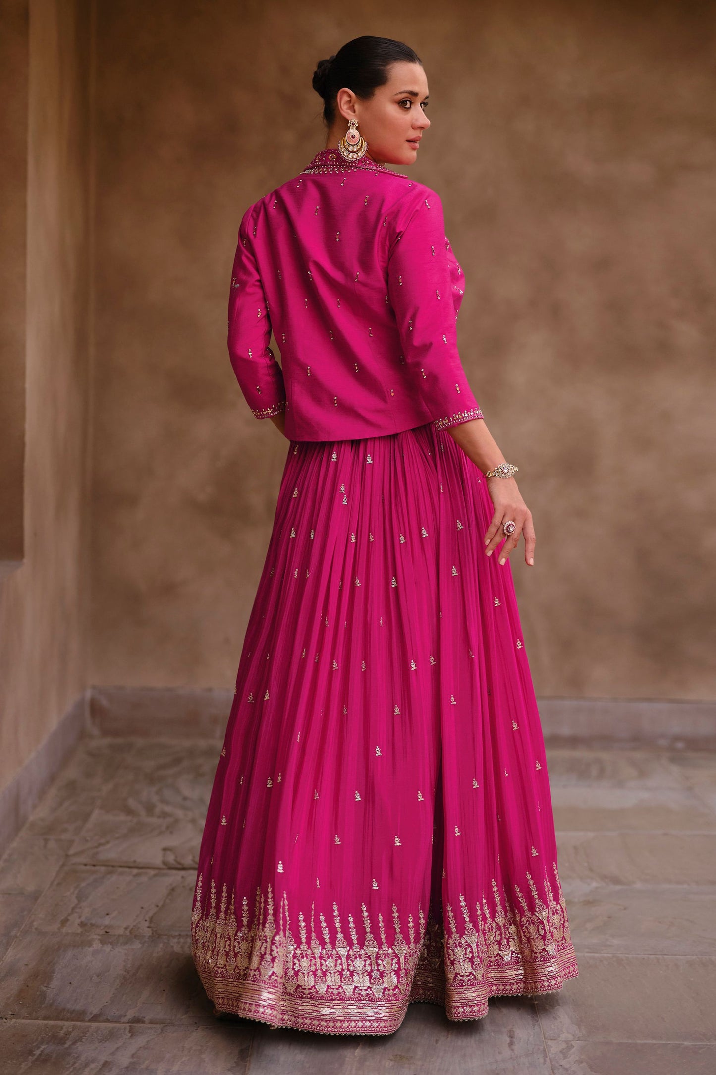 Pink Chinon Silk Lehenga Choli with Koti For Indian Festivals & Pakistani Weddings - Embroidery Work
