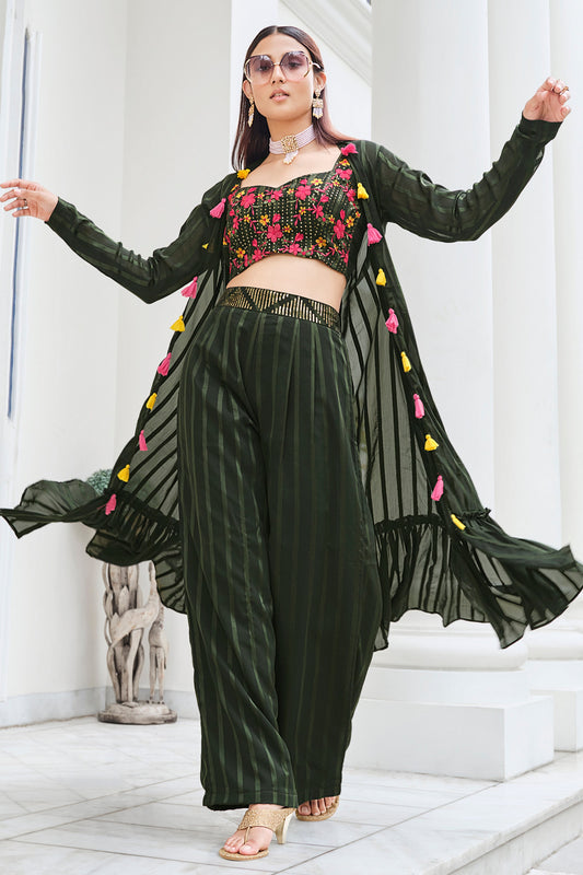 Olive Georgette Co-ords Set For Indian Festivals & Weddings - Thread Embroidery Work, Mirror Work