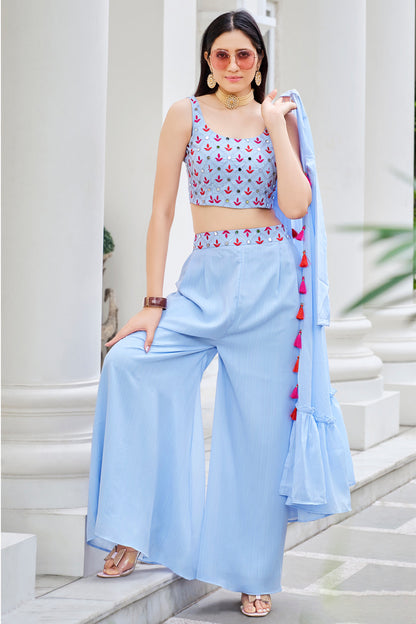 Sky Blue Georgette Co-ords Set For Indian Festivals & Weddings - Thread Embroidery Work, Mirror Work Copy Copy