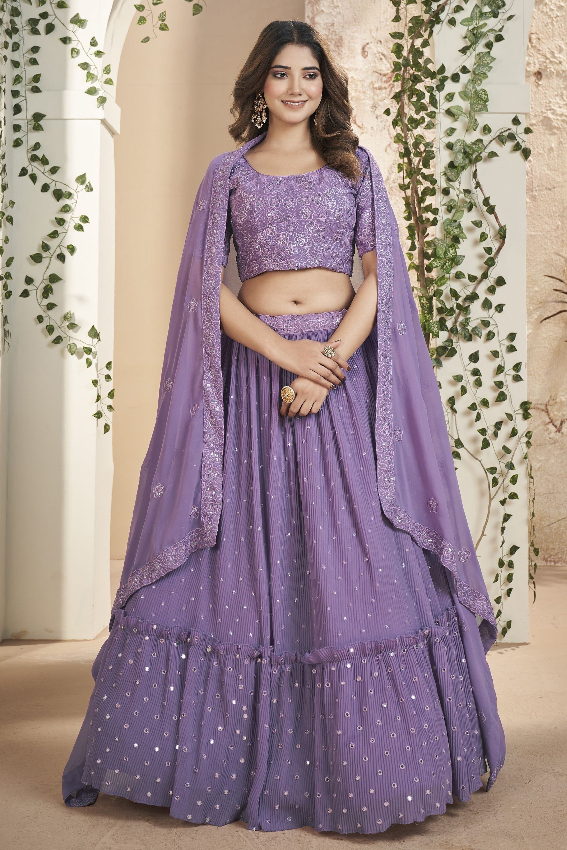 Purple Georgette Ruffle Lehenga Choli 9 Meter Flair For Indian Festivals & Weddings - Sequence Embroidery Work, Thread Embroidery Work,