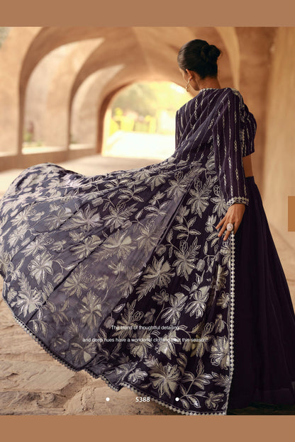 Dark Purple Chinon Silk Lehenga Choli with Koti For Indian Festivals & Pakistani Weddings - Print Work, Embroidery Work