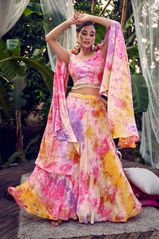 Pink Pakistani Silk Printed Lehenga Choli For Indian Festivals & Weddings - Print Work,