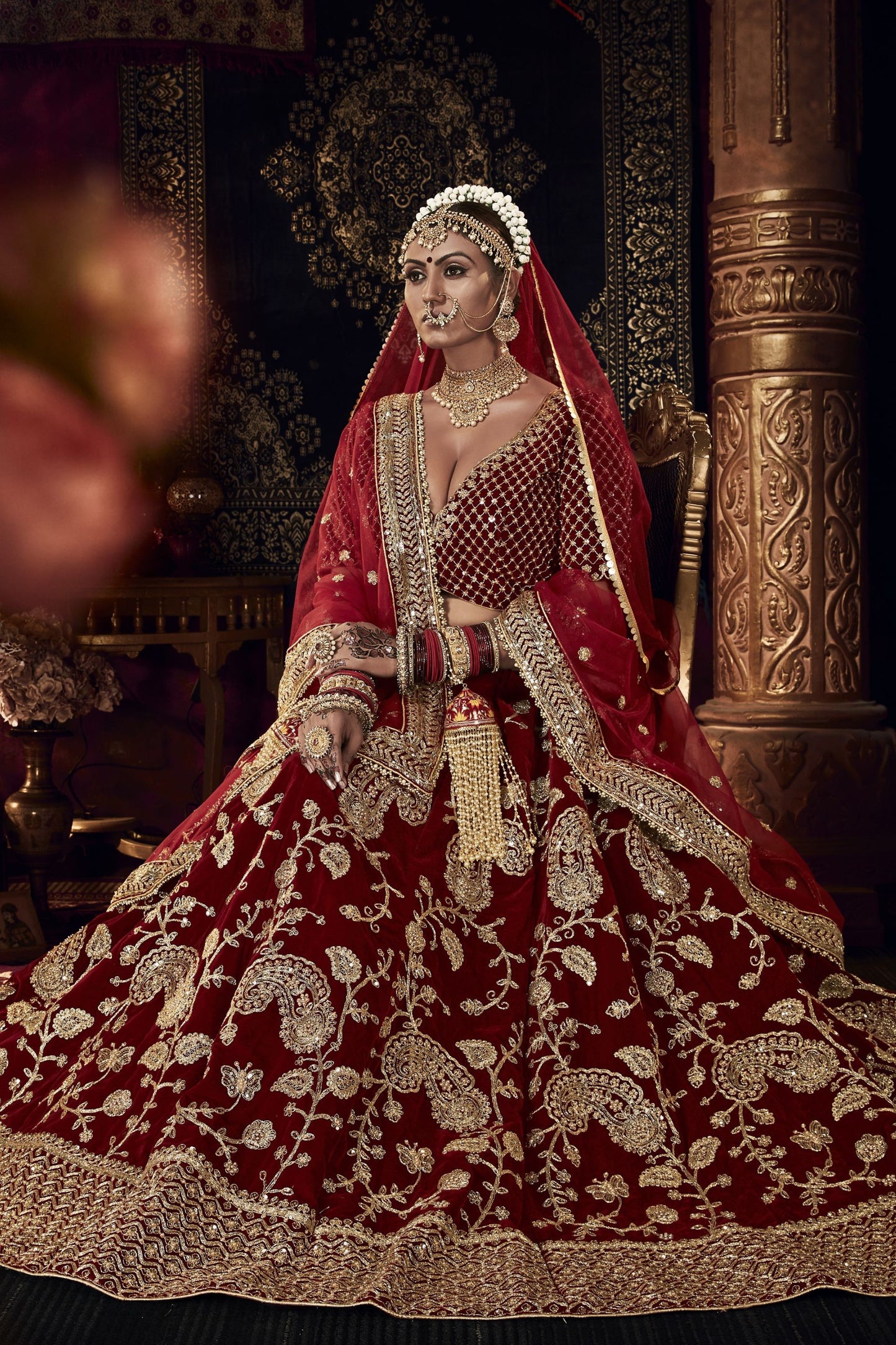 Maroon Pakistani Velvet Lehenga Choli For Bride Indian Festivals & Weddings - Thread Embroidery Work, Stone Work
