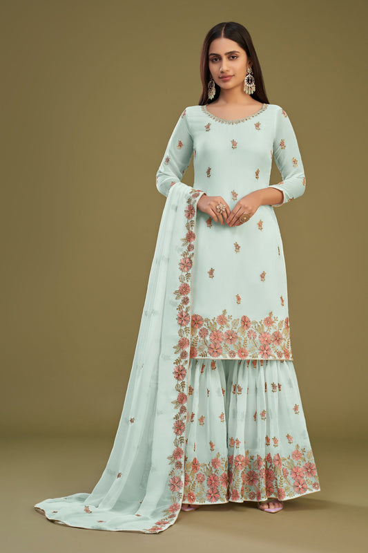 Light Green Georgette Sharara For Indian Festivals & Pakistani Weddings - Thread Embroidery Work