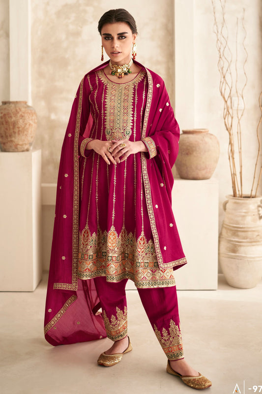 Red Pakistani Silk Salwar Kameez with Pant For Indian Festivals & Weddings - Thread Embroidery Work