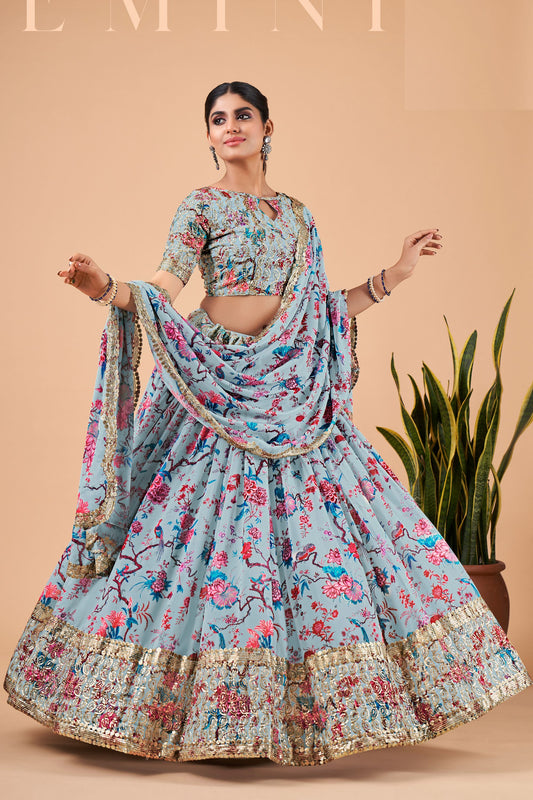 Blue Gray Pakistani Georgette Floral Printed Lehenga Choli For Indian Festivals & Weddings - Sequence Embroidery Work, Zari Work