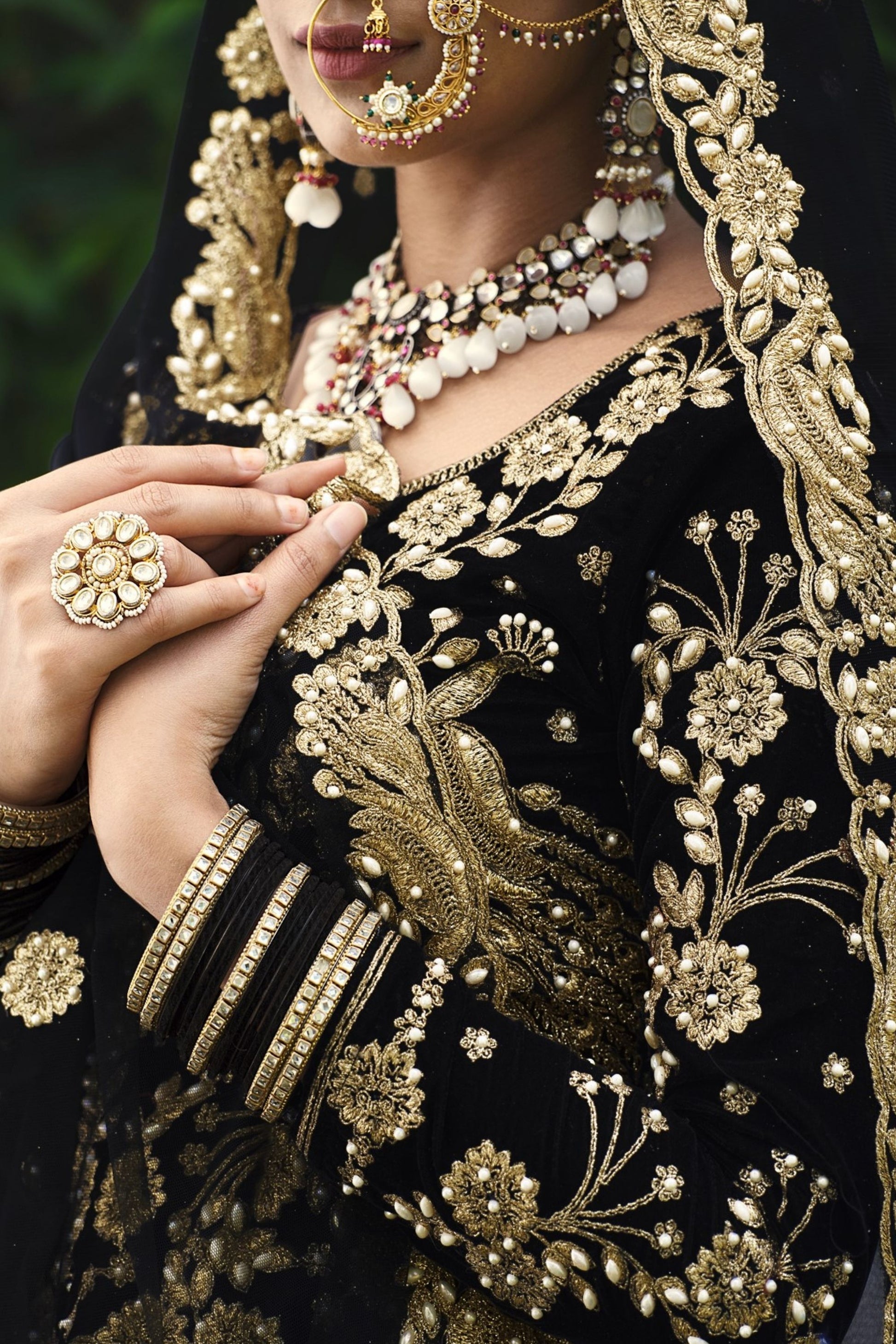Black Pakistani Bridal Velvet Lehenga Choli For Indian Festivals & Weddings - Thread Embroidery Work, Stone Work, Dori Work