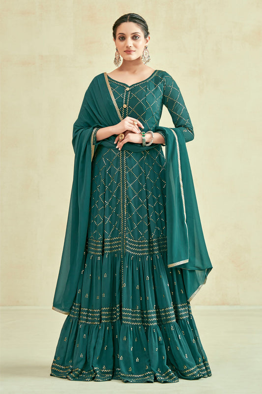 Teal Georgette Full Floor Length Anarkali Gown For Indian Festivals & Weddings - Sequence Embroidery Work