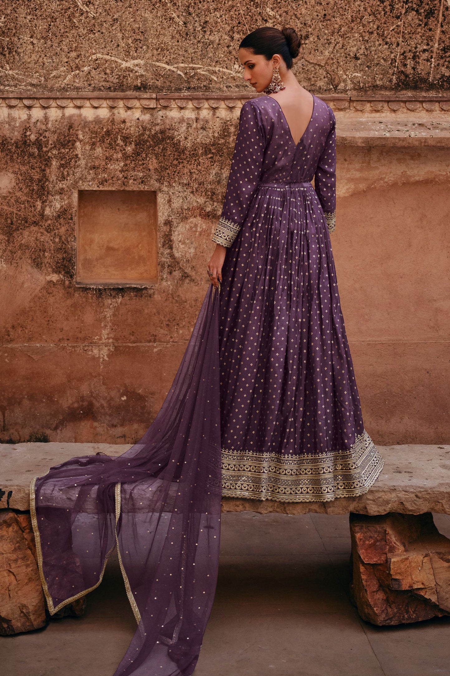 Purple Viscose Silk Jacquard Floor Full Length Anarkali Gown For Indian Festivals & Weddings - Embroidery Work