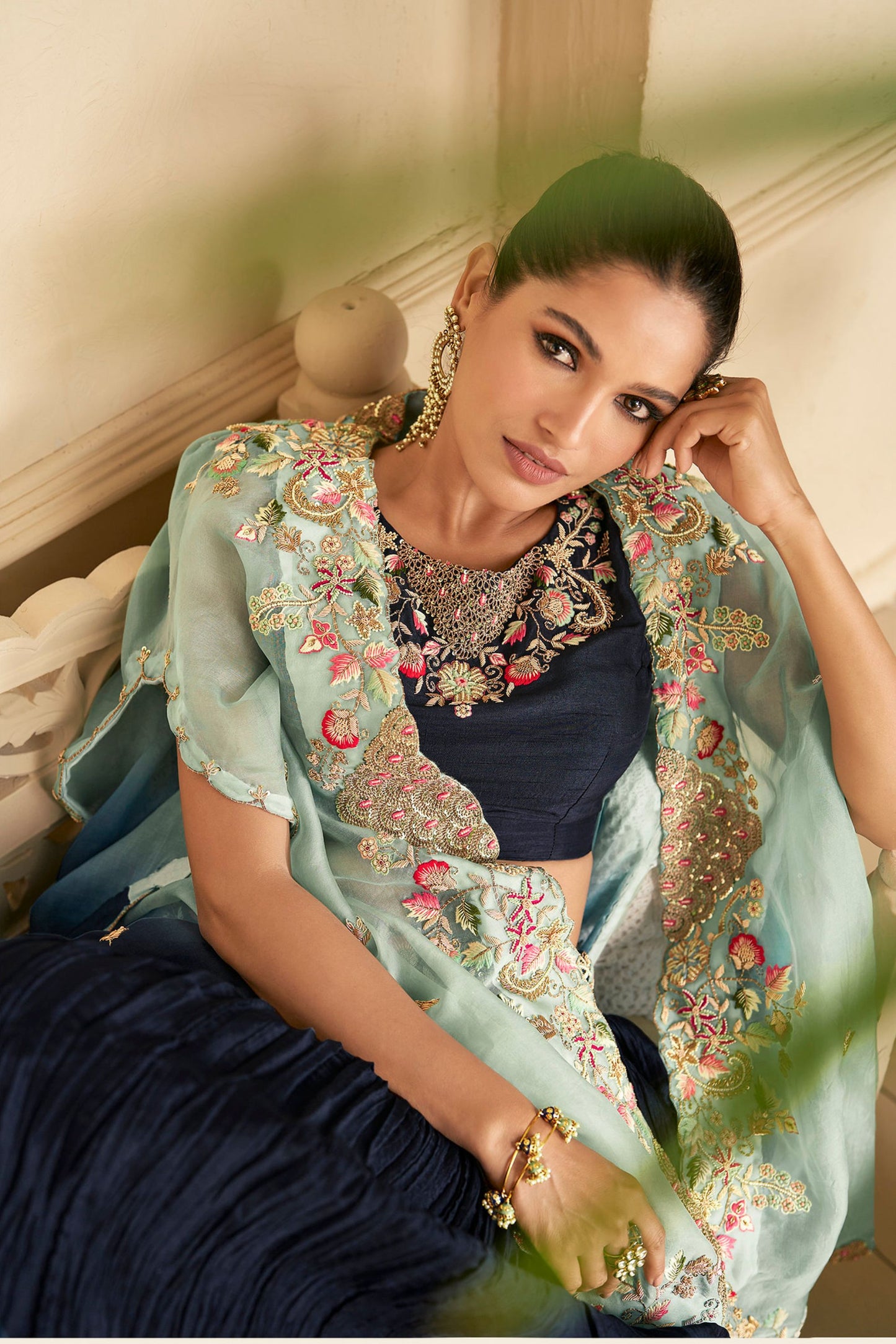 Navy Blue Color Lehenga Choli Suit with Koti For Indian Festivals & Pakistani Weddings - Embroidery Work
