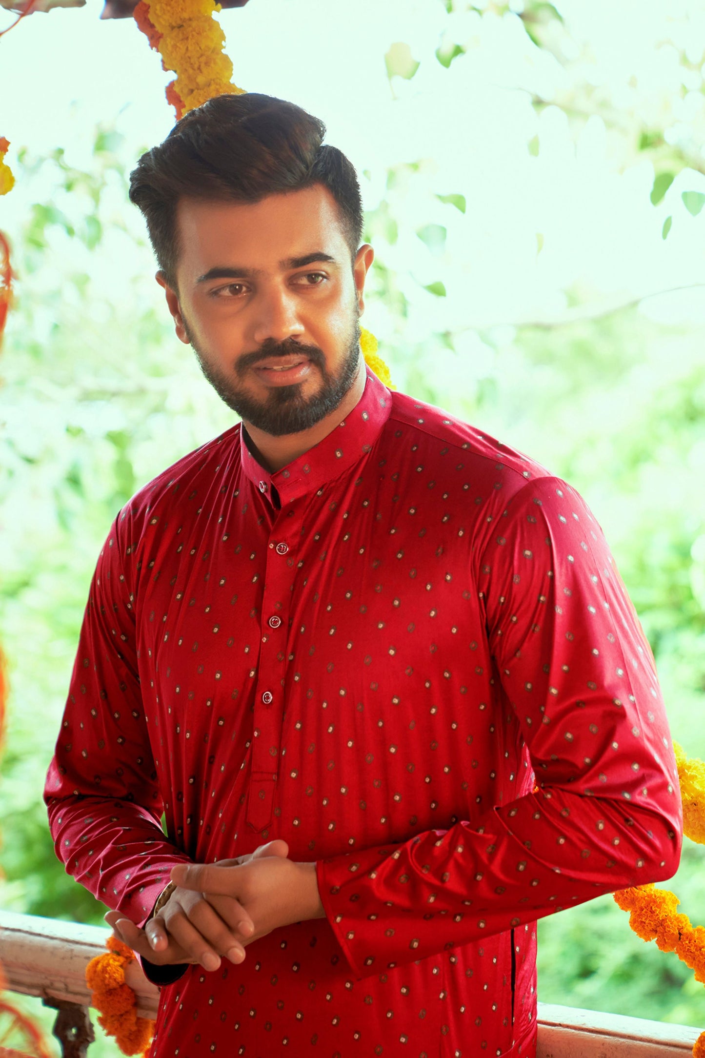 Maroon Silk Kurta Pyjama for Men For Navratri Garba Festivals - Print Work