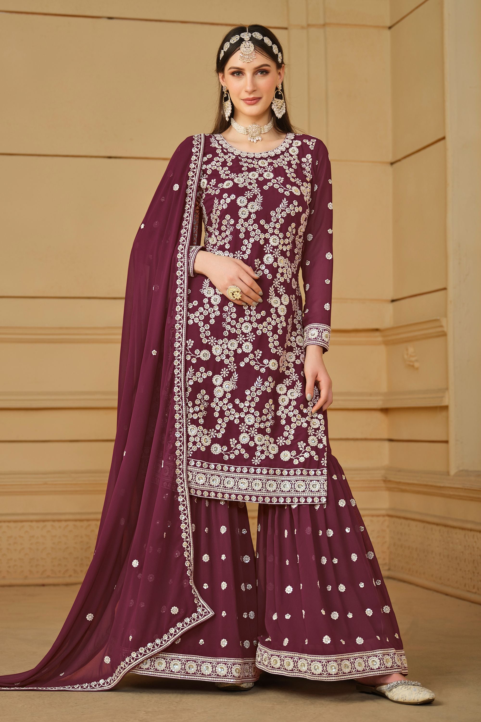 Maroon Georgette Sharara Suits for Wedding & Marriage - Thread & Sequence Embroidery Work 36 Maroon Georgette Sharara Suits for Wedding & Marriage - Thread & Sequence Embroidery Work 36