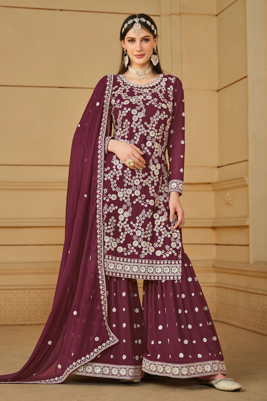 Maroon Georgette Sharara Suit For Indian Festivals & Pakistani Weddings - Thread Embroidery Work, Sequence Embroidery Work