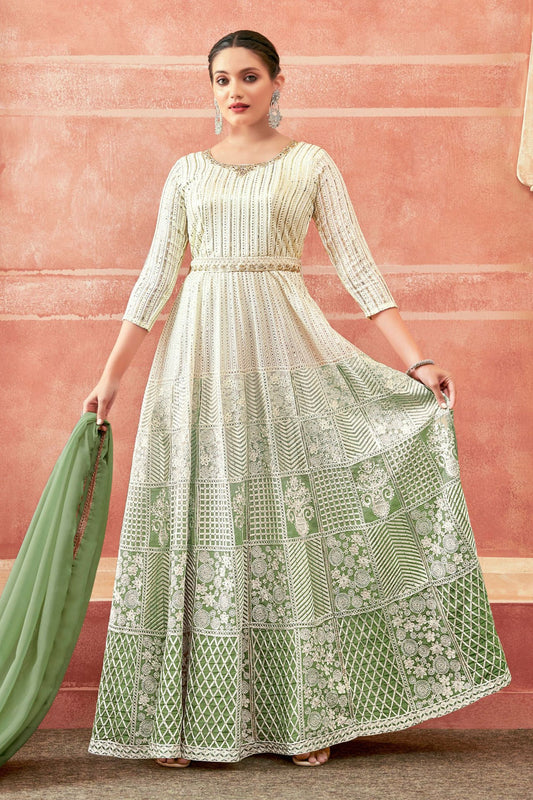 Green Georgette Full Floor Dual Tone Length Anarkali Gown For Indian Festivals & Weddings - Thread Embroidery Work, Print Work