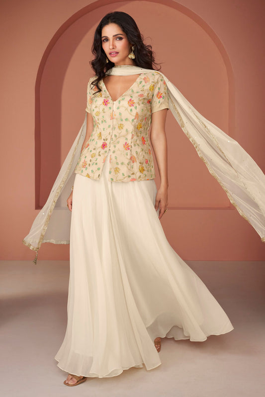 Off-White Georgette Plazo Suit For Indian Festivals & Pakistani Weddings - Embroidery Work