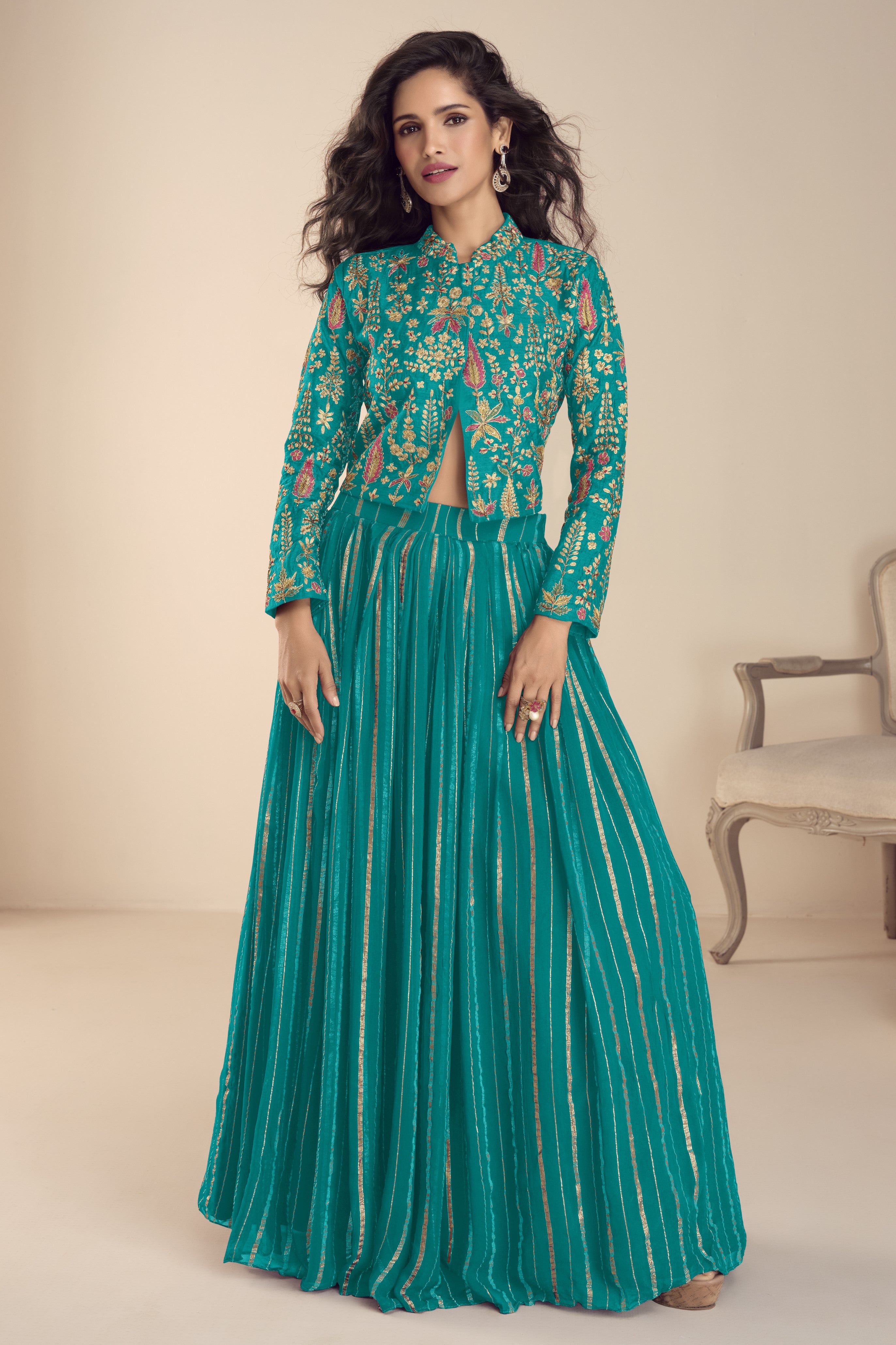 long sleeve lehenga dress Teal Vichitra Silk Long Sleeves Lehenga with Sequins Embroidery Work 38