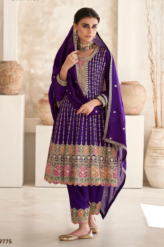 Purple Pakistani Silk Salwar Kameez with Pant For Indian Festivals & Weddings - Thread Embroidery Work