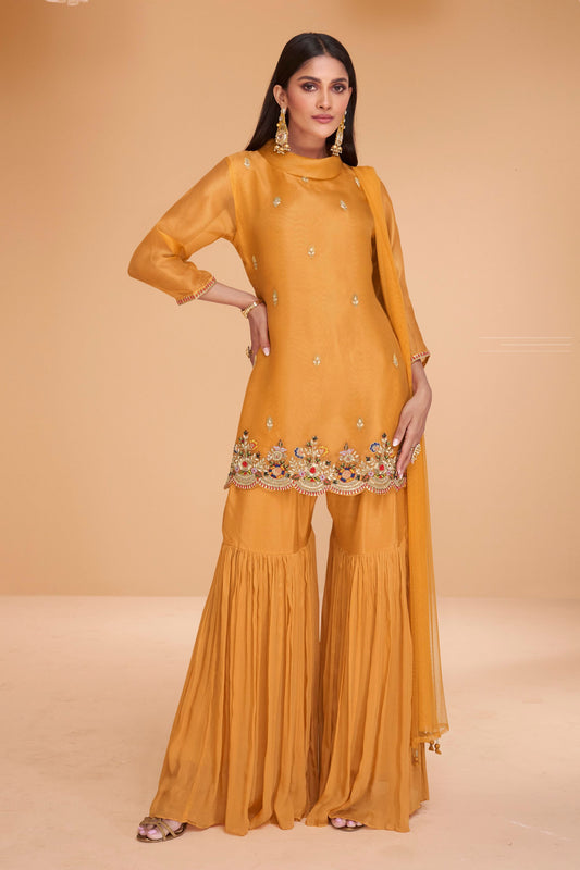 Golden Organza Sharara Suit for Pakistani & Indian Festival - Embroidery Work