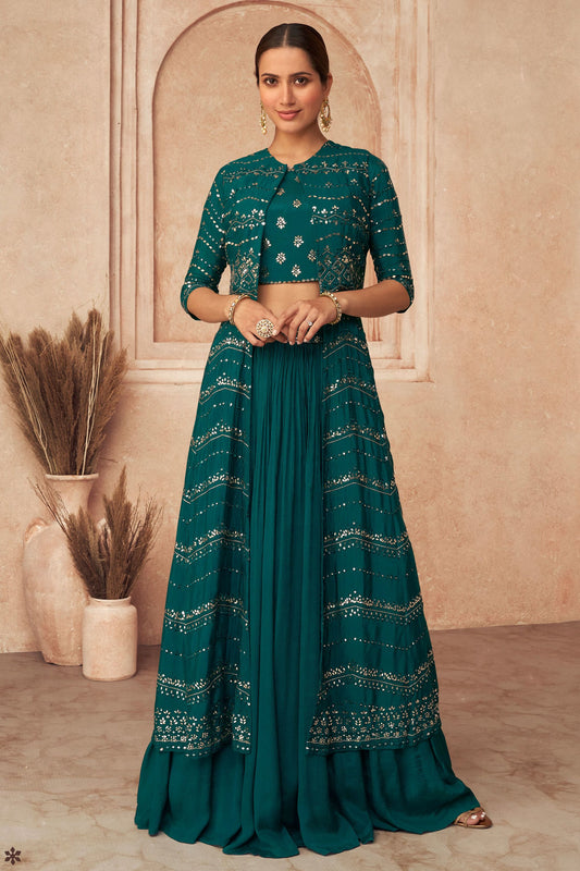 Teal Pakistani Georgette Anarkali Suits For Indian Festivals & Weddings - Embroidery Work