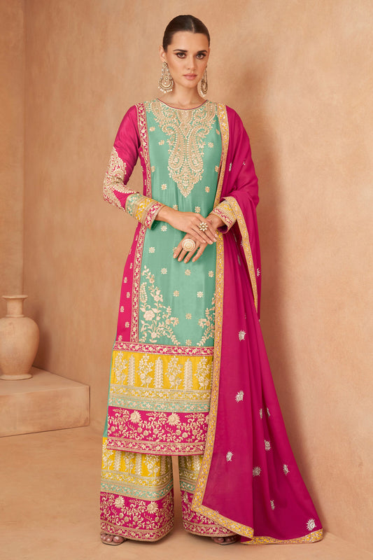 Light Green Chinon Plazo Suits For Pakistani Festivals & Indian Wedding - Embroidery Work