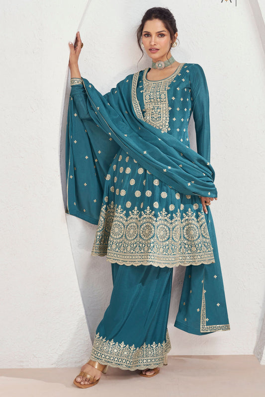 Teal Chinon Silk Palazzo Suit For Indian Festival & Pakistani Weddings - Embroidery Work