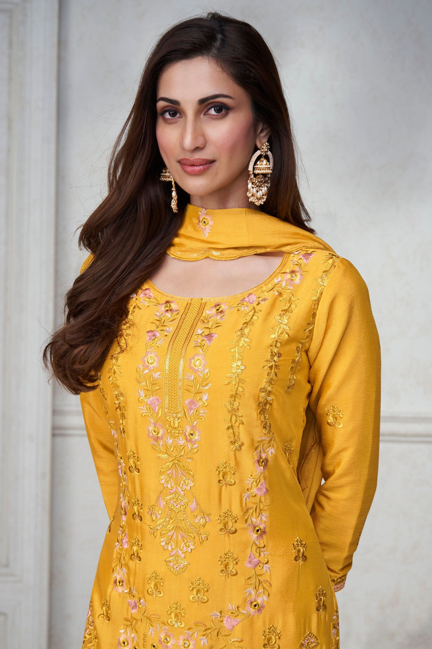 Golden Chinon Silk Sharara For Indian Festivals & Pakistani Weddings - Thread Embroidery Work