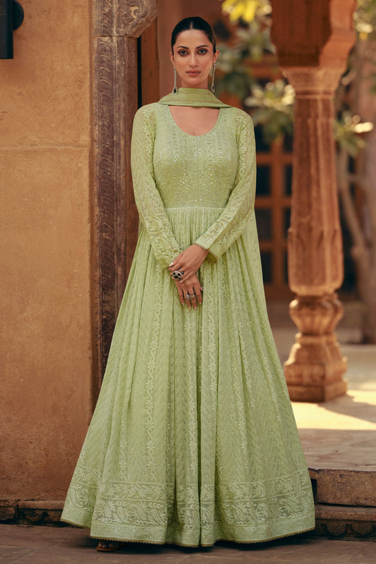 Light Green Georgette Floor Full Length Anarkali Gown For Indian Festivals & Pakistani Weddings - Embroidery Work