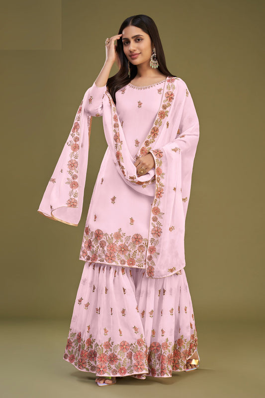 Baby Pink Georgette Sharara For Indian Festivals & Pakistani Weddings - Thread Embroidery Work