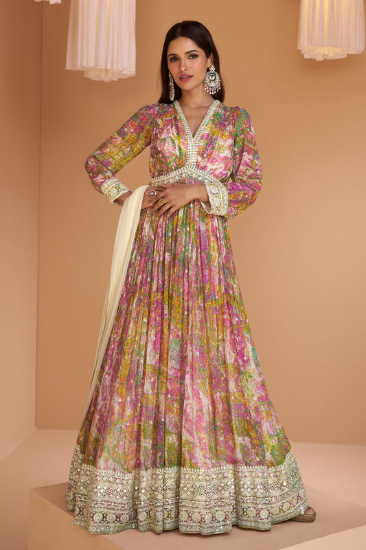 Multicolor Pakistani Georgette Floor Full Length Flower Printed Anarkali Gown For Indian Festivals & Weddings - Embroidery Work, Print Work