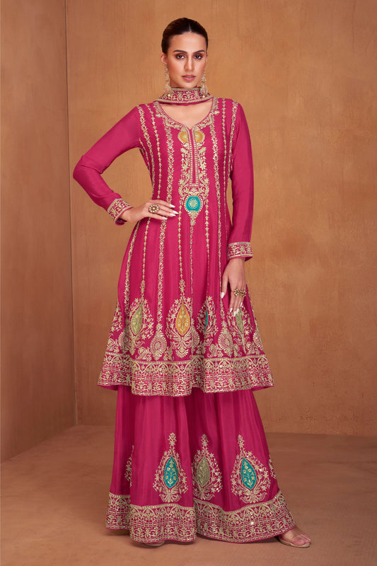Pink Pakistani Chinon Silk Plazo Suit For Indian Festivals & Weddings - Embroidery Work