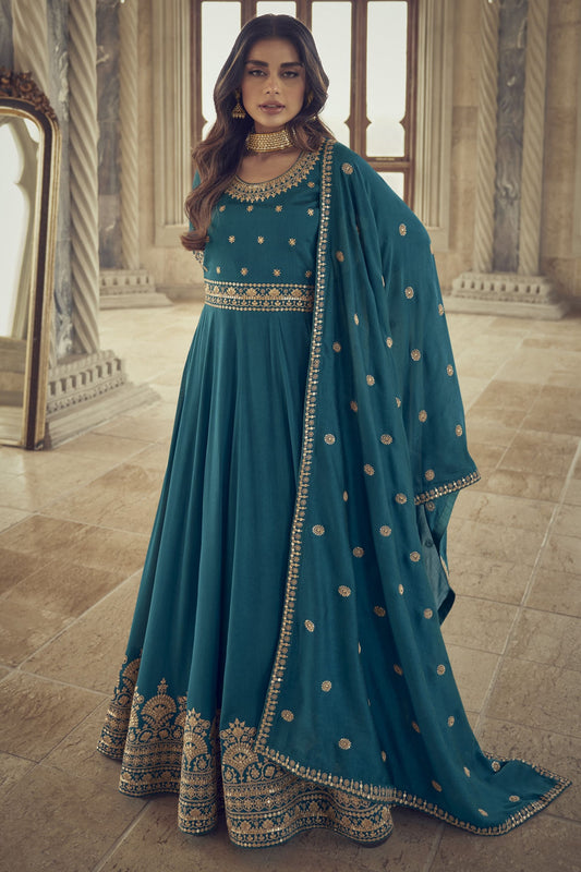 Teal Pakistani Silk Anarkali Gown Suit For Indian Festivals & Weddings - Thread Embroidery Work,
