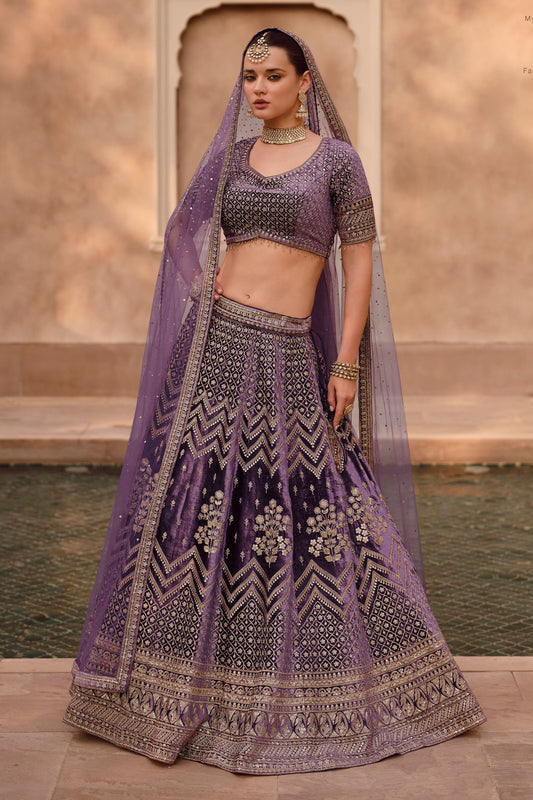 Purple Lycra Silk Lehenga Choli Handwork Blouse For Indian Festivals & Weddings - Embroidery Work, Handwork
