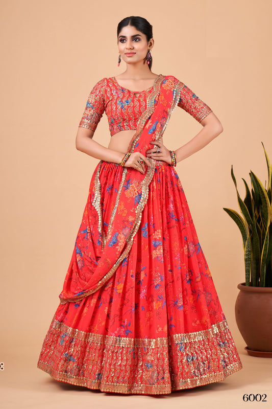 Red Pakistani Georgette Floral Printed Lehenga Choli For Indian Festivals & Weddings - Sequence Embroidery Work, Zari Work