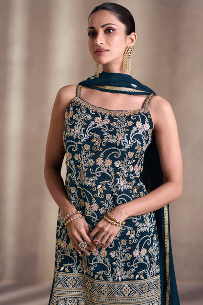 Navy Blue Chinon Silk Sharara Suits for Indian Festival & Pakistani Wedding - Embroidery Work