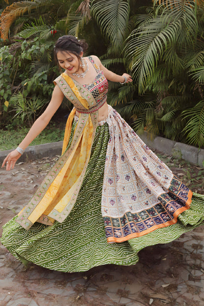 Multicolor Indian Cotton Chaniya Choli For Navratri Garba Festivals with Belt 4 Meter Flair - Thread Embroidery Work, Print Work