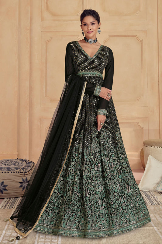 Black Georgette Full Floor Length Anarkali Gown For Indian Festivals & Weddings - Embroidery Work