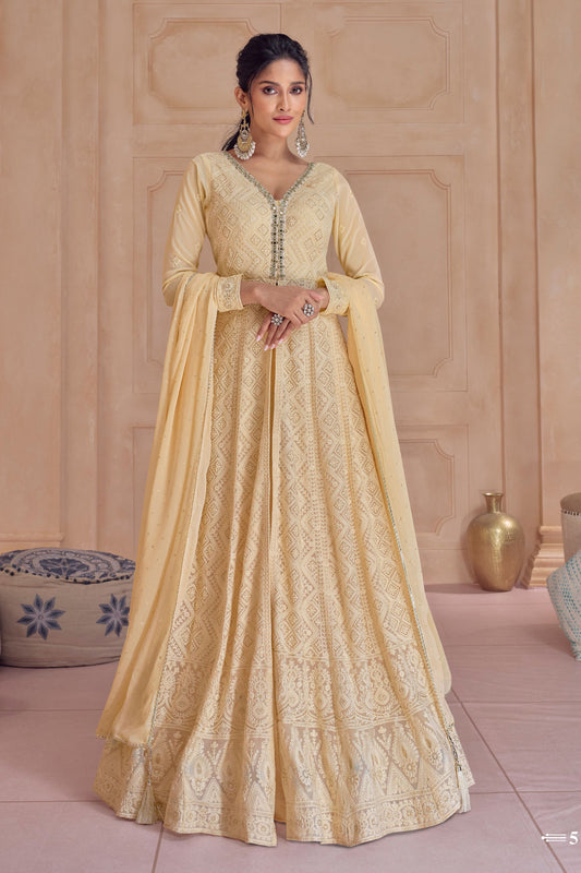 Cream Georgette Floor Full Length Anarkali Gown with Front Slit and Plazo For Indian Festivals & Weddings - Embroidery Work