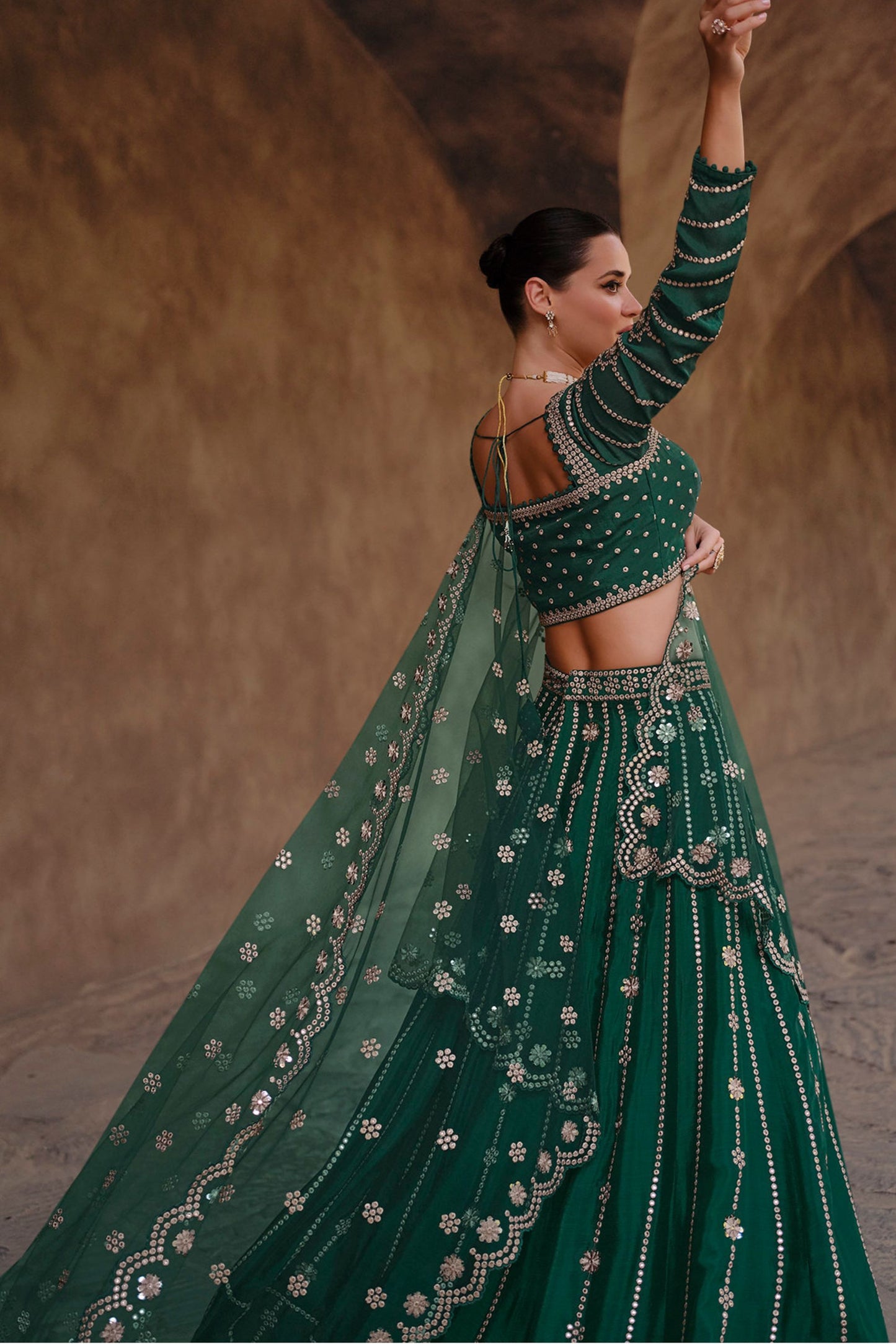 Green Chinon Silk Lehenga Choli For Indian Festivals & Weddings - Embroidery Work