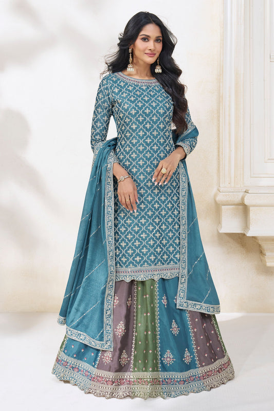 Teal Pakistani Chinon Silk Salwar Kameez with Skirt For Indian Festivals & Weddings - Embroidery Work