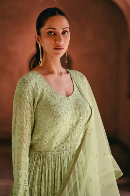 Light Green Georgette Floor Full Length Anarkali Gown For Indian Festivals & Pakistani Weddings - Embroidery Work