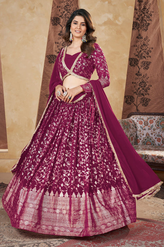 Pink Georgette Lehenga Choli For Indian Festivals & Weddings - Thread Embroidery Work, Foil Mirror Work