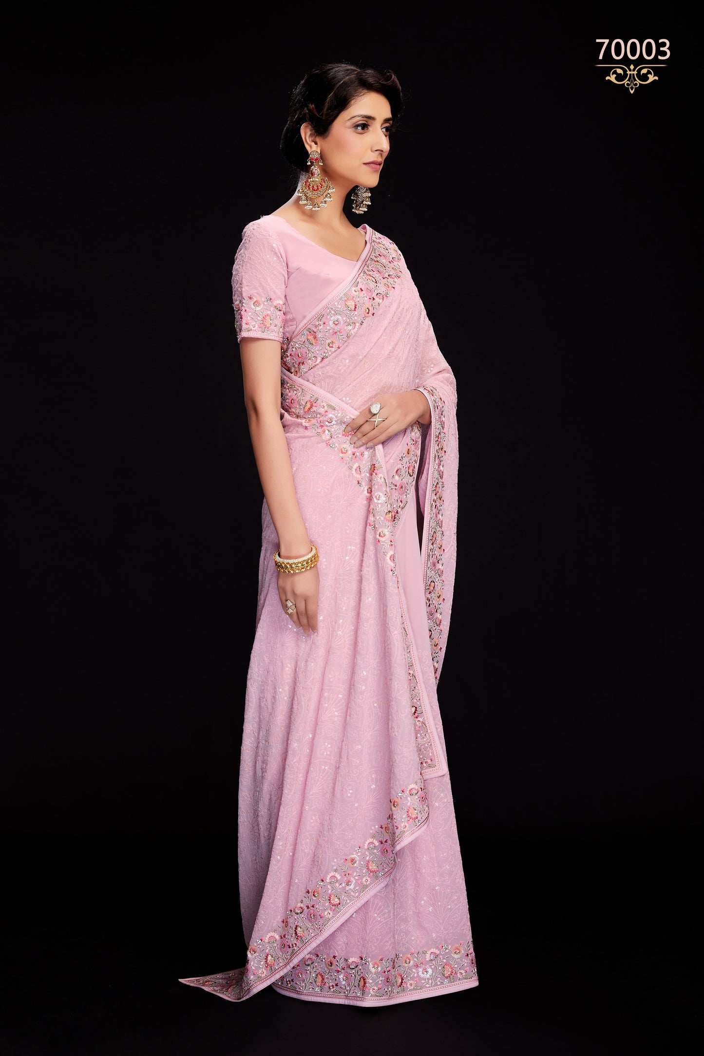 Pink Indian Georgette Saree For Indian Festivals & Weddings - Sequence Embroidery Work, Lucknowi Work