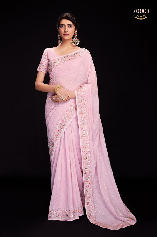 Pink Indian Georgette Saree For Indian Festivals & Weddings - Sequence Embroidery Work, Lucknowi Work