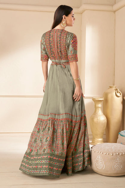 Olive Silk Floor Full Length Flower Printed Anarkali Gown For Indian Festivals & Weddings - Embroidery Work, Print Work
