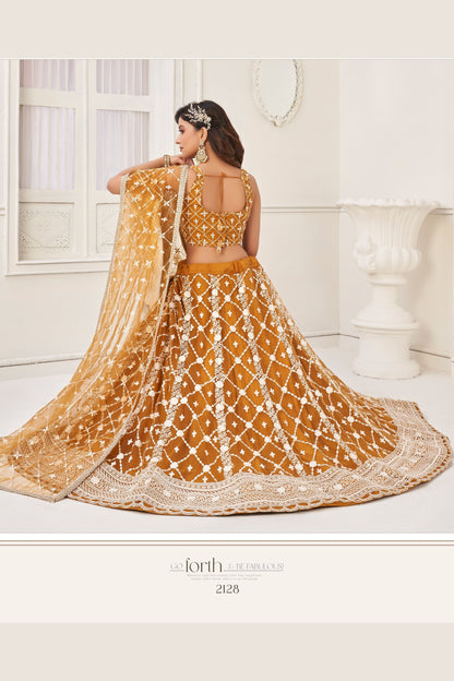 Orange Net Embroidered Lehenga Choli For Indian Festival & Weddings - Embroidery Work