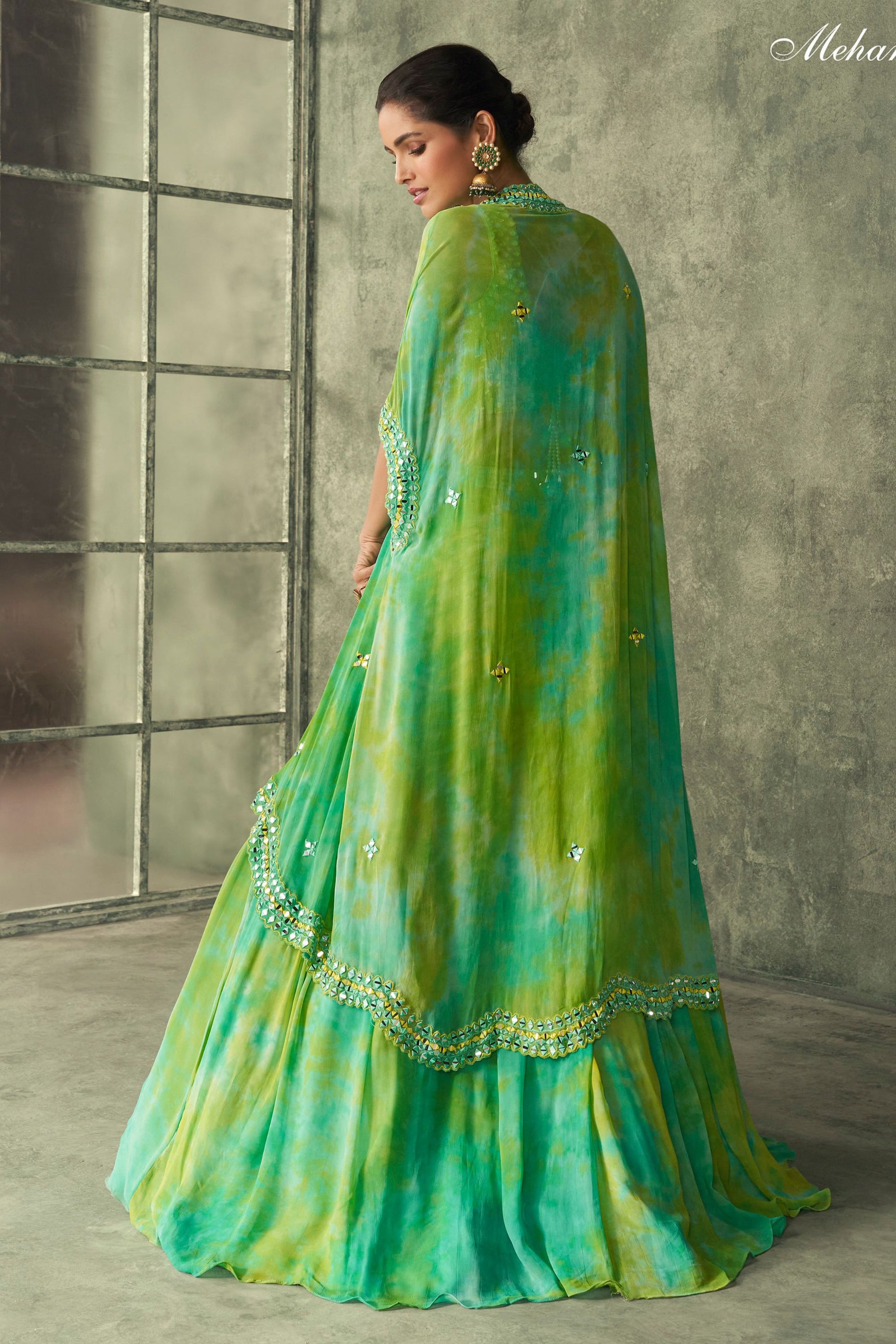 Green Georgette Dual Tone Printed Lehenga Choli For Indian Festivals & Weddings - Print Work, Embroidery Work