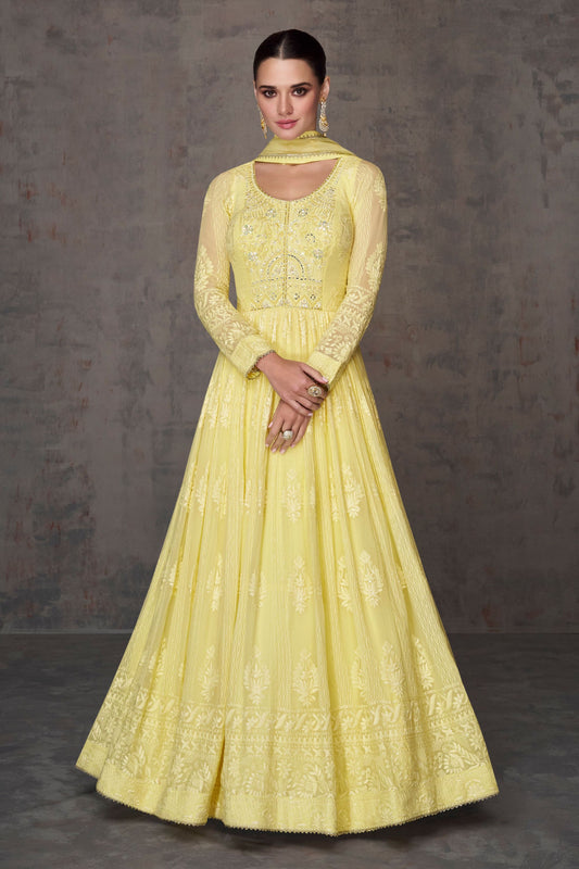 Yellow Georgette Floor Full Length Anarkali Gown For Indian Festivals & Weddings - Embroidery Work